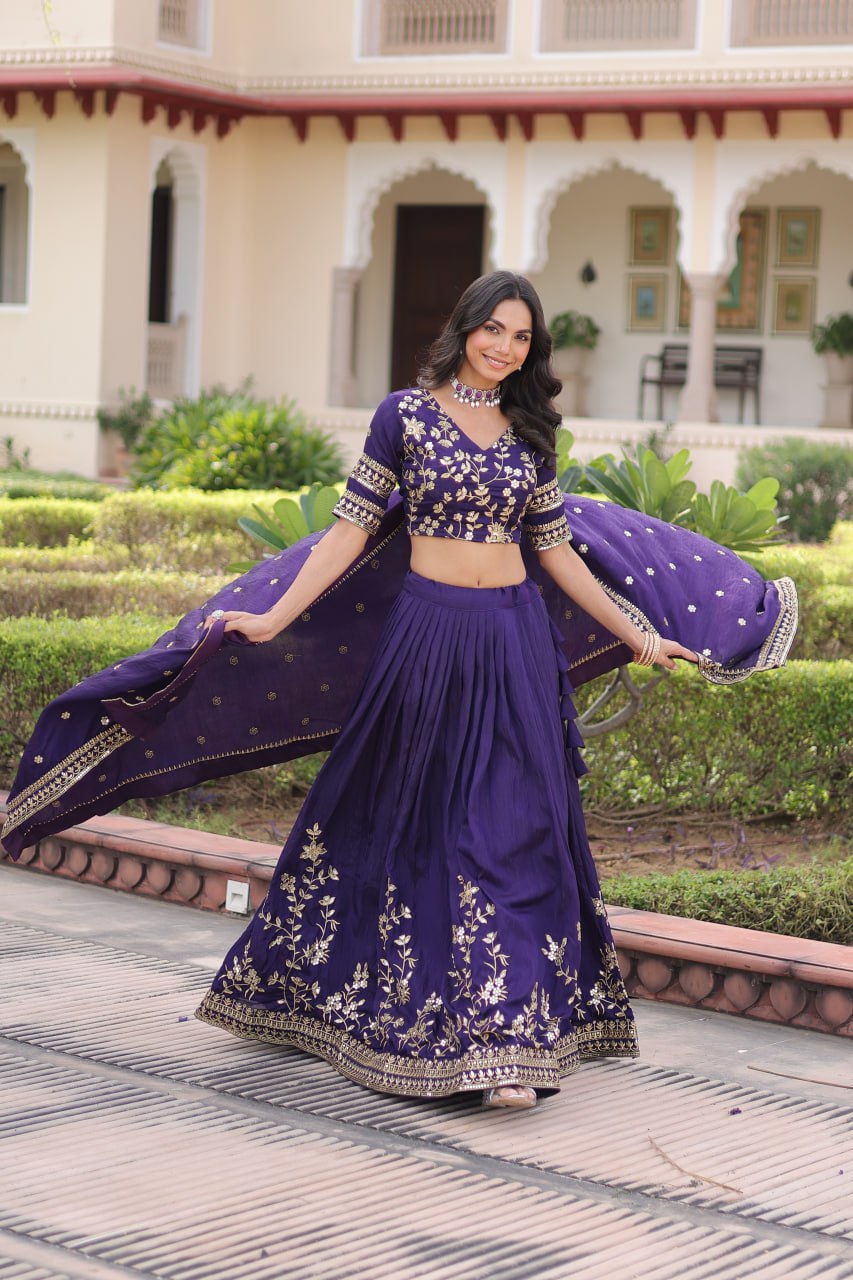 Purple Designer Vichitra Silk Sequins & Zari Embroidered Lehenga Choli Set with Matching Dupatta – Fully Stitched Festive & Wedding Wear Ensemble ClothsVilla