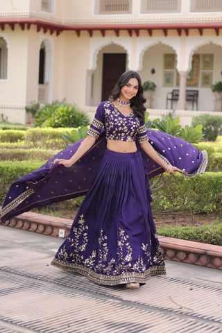 Purple Designer Vichitra Silk Sequins & Zari Embroidered Lehenga Choli Set with Matching Dupatta – Fully Stitched Festive & Wedding Wear Ensemble ClothsVilla