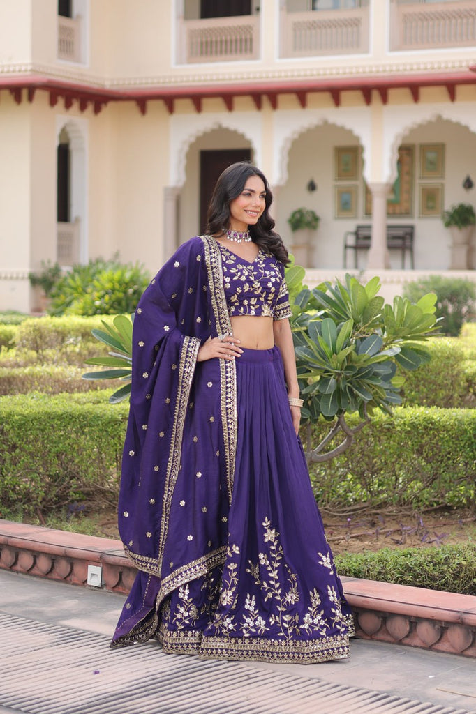 Purple Designer Vichitra Silk Sequins & Zari Embroidered Lehenga Choli Set with Matching Dupatta – Fully Stitched Festive & Wedding Wear Ensemble ClothsVilla