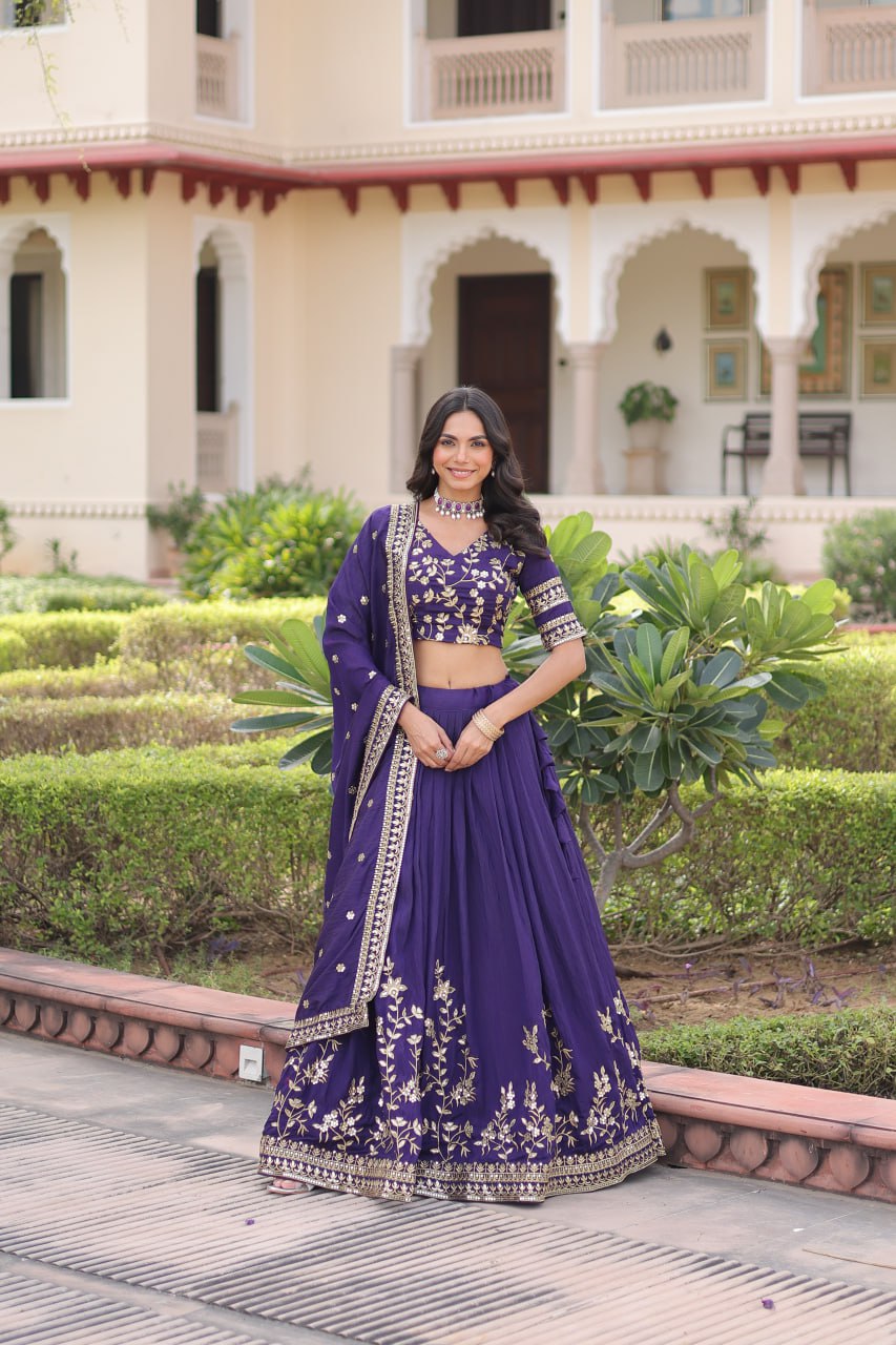 Purple Designer Vichitra Silk Sequins & Zari Embroidered Lehenga Choli Set with Matching Dupatta – Fully Stitched Festive & Wedding Wear Ensemble ClothsVilla