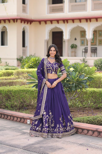Purple Designer Vichitra Silk Sequins & Zari Embroidered Lehenga Choli Set with Matching Dupatta – Fully Stitched Festive & Wedding Wear Ensemble ClothsVilla