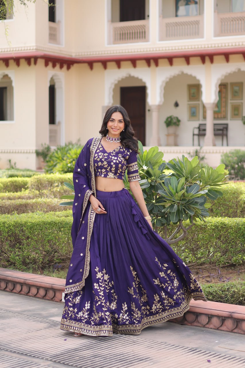 Purple Designer Vichitra Silk Sequins & Zari Embroidered Lehenga Choli Set with Matching Dupatta – Fully Stitched Festive & Wedding Wear Ensemble ClothsVilla