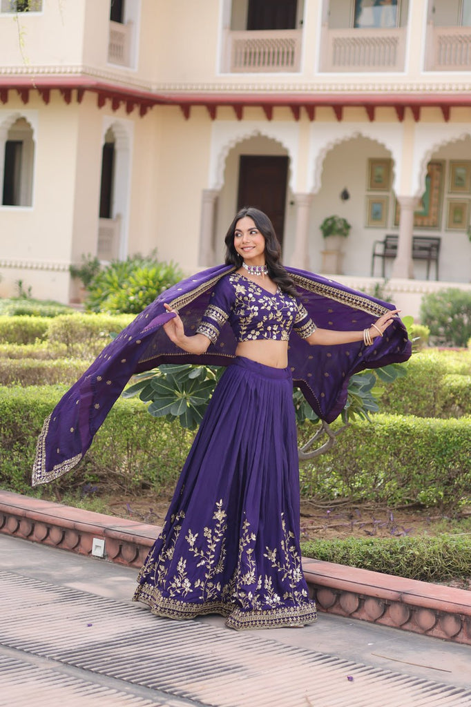 Purple Designer Vichitra Silk Sequins & Zari Embroidered Lehenga Choli Set with Matching Dupatta – Fully Stitched Festive & Wedding Wear Ensemble ClothsVilla
