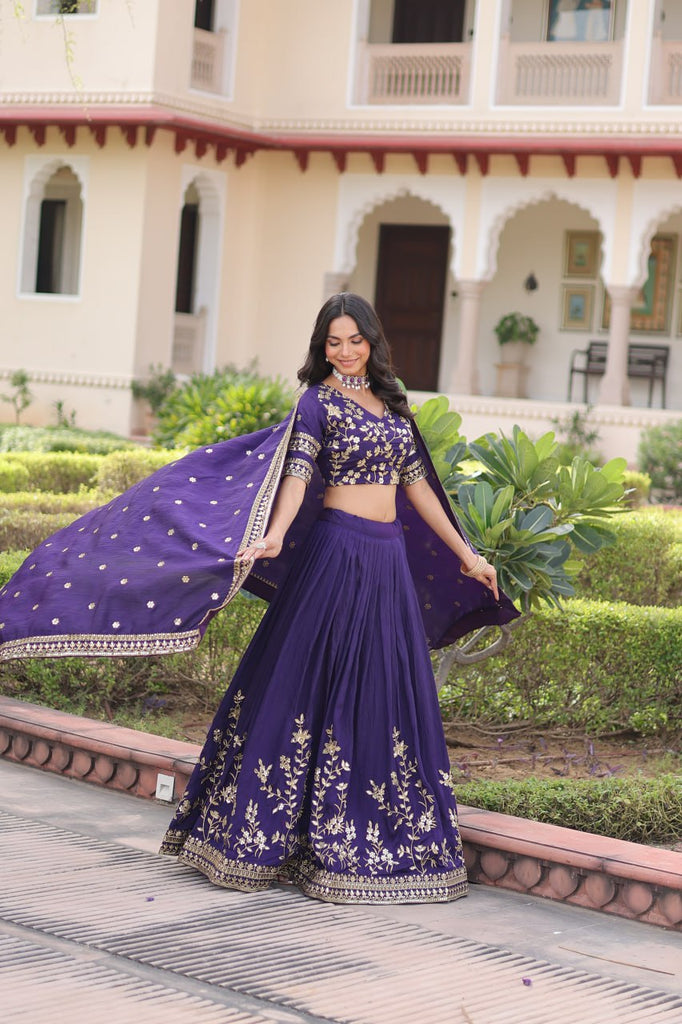 Purple Designer Vichitra Silk Sequins & Zari Embroidered Lehenga Choli Set with Matching Dupatta – Fully Stitched Festive & Wedding Wear Ensemble ClothsVilla