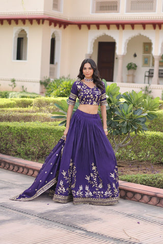 Purple Designer Vichitra Silk Sequins & Zari Embroidered Lehenga Choli Set with Matching Dupatta – Fully Stitched Festive & Wedding Wear Ensemble ClothsVilla