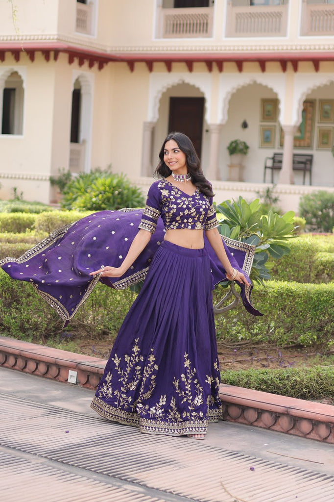 Purple Designer Vichitra Silk Sequins & Zari Embroidered Lehenga Choli Set with Matching Dupatta – Fully Stitched Festive & Wedding Wear Ensemble ClothsVilla
