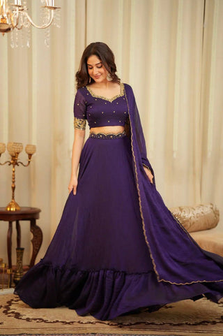 Purple Diamond Crush Silk Lehenga Set with Sequins, Dori, and Chain Stitch Work – Semi-Stitched ClothsVilla