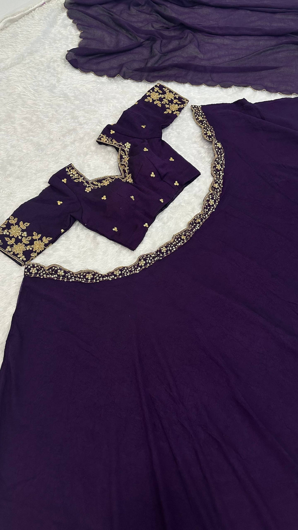 Purple Diamond Crush Silk Lehenga Set with Sequins, Dori, and Chain Stitch Work – Semi-Stitched ClothsVilla