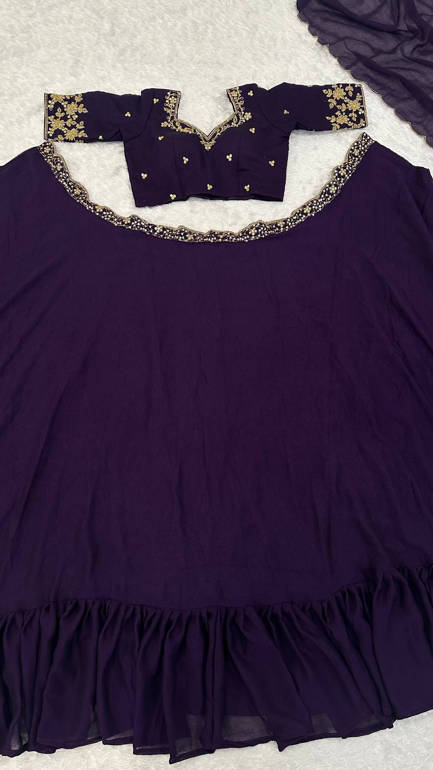 Purple Diamond Crush Silk Lehenga Set with Sequins, Dori, and Chain Stitch Work – Semi-Stitched ClothsVilla