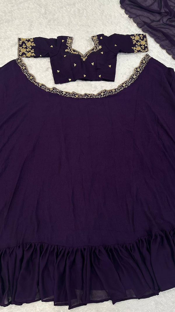 Purple Diamond Crush Silk Lehenga Set with Sequins, Dori, and Chain Stitch Work – Semi-Stitched ClothsVilla