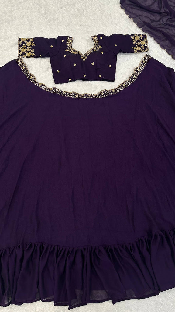 Purple Diamond Crush Silk Lehenga Set with Sequins, Dori, and Chain Stitch Work – Semi-Stitched ClothsVilla