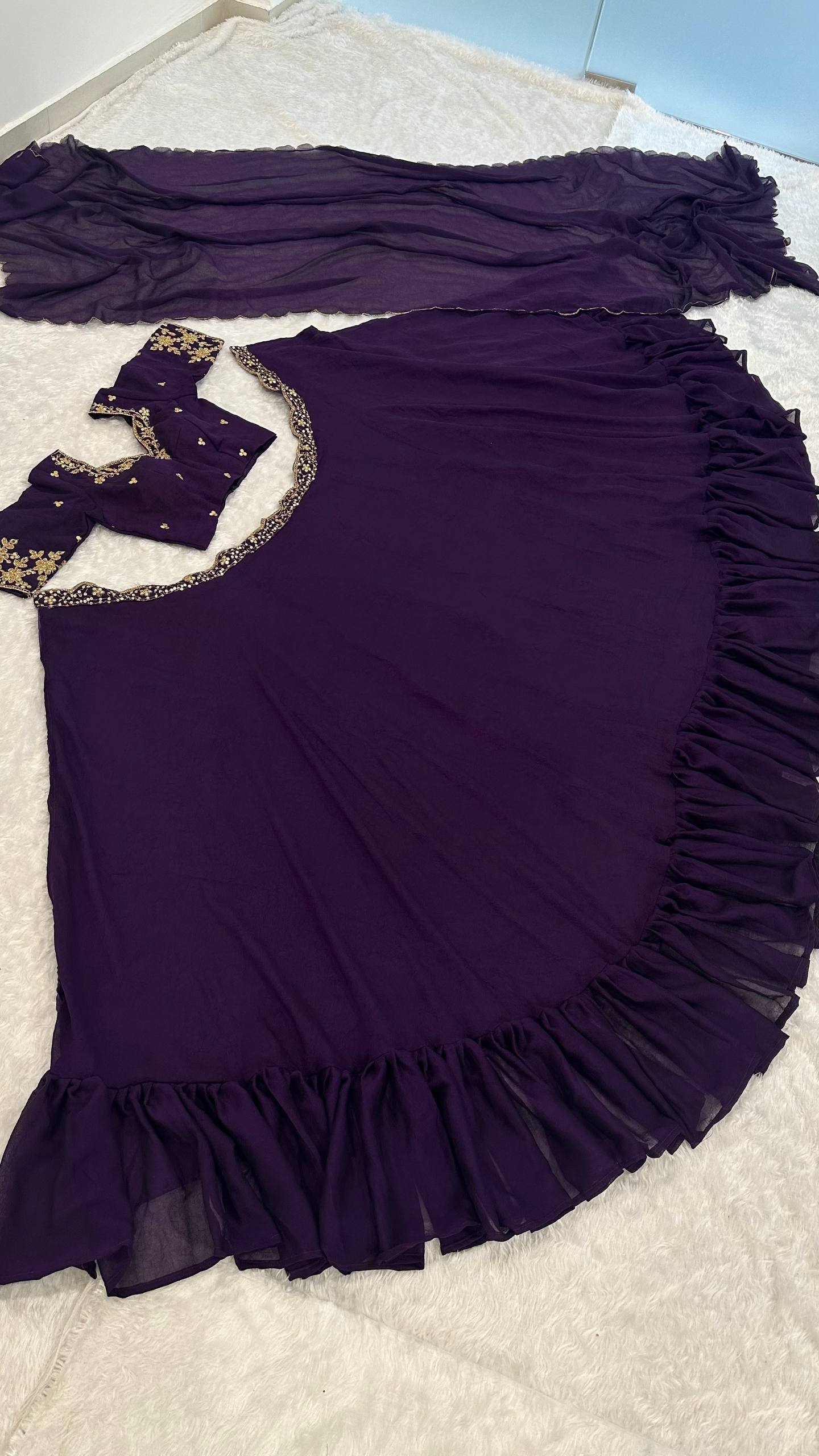 Purple Diamond Crush Silk Lehenga Set with Sequins, Dori, and Chain Stitch Work – Semi-Stitched ClothsVilla