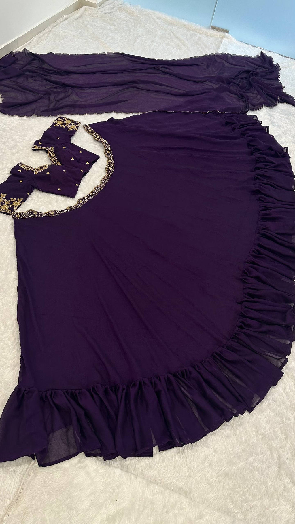 Purple Diamond Crush Silk Lehenga Set with Sequins, Dori, and Chain Stitch Work – Semi-Stitched ClothsVilla