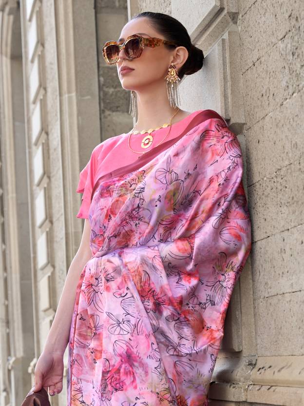 Purple Digital Print Saree in Satin Silk Blend – Party & Wedding Wear ClothsVilla