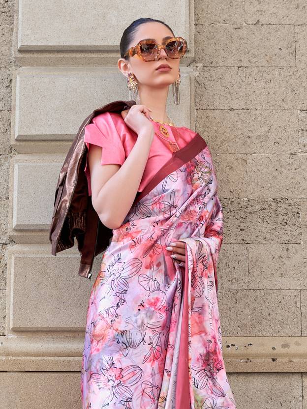 Purple Digital Print Saree in Satin Silk Blend – Party & Wedding Wear ClothsVilla