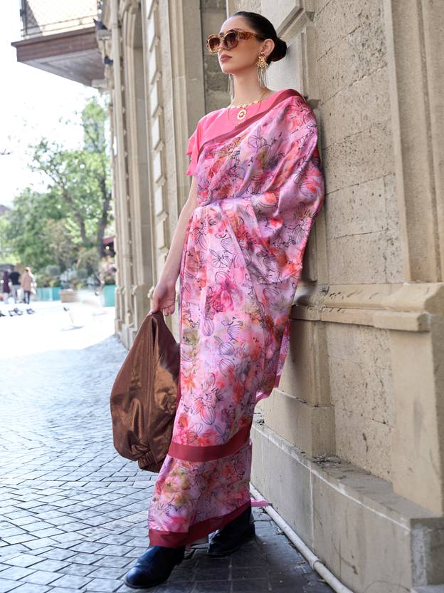 Purple Digital Print Saree in Satin Silk Blend – Party & Wedding Wear ClothsVilla