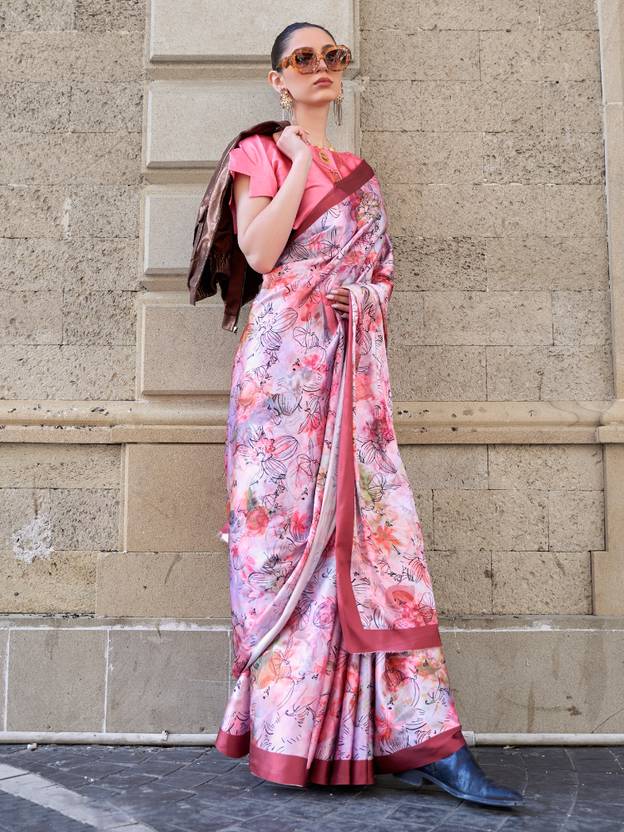 Purple Digital Print Saree in Satin Silk Blend – Party & Wedding Wear ClothsVilla Main image