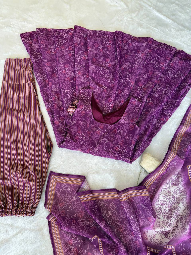 Purple Digital Printed Cotton Anarkali Suit Set with Dupatta & Bottom – Fully Stitched ClothsVilla