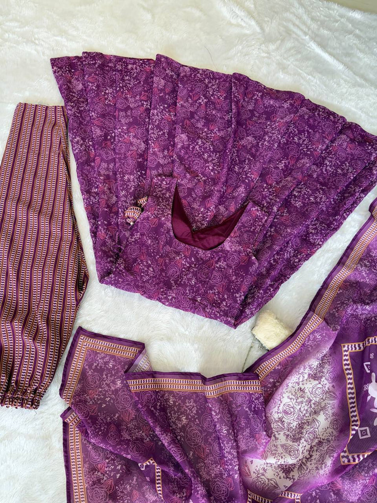 Purple Digital Printed Cotton Anarkali Suit Set with Dupatta & Bottom – Fully Stitched ClothsVilla