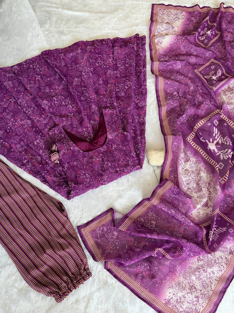 Purple Digital Printed Cotton Anarkali Suit Set with Dupatta & Bottom – Fully Stitched ClothsVilla