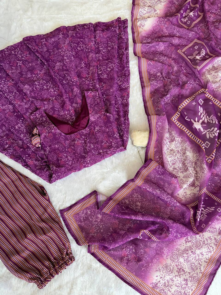 Purple Digital Printed Cotton Anarkali Suit Set with Dupatta & Bottom – Fully Stitched ClothsVilla