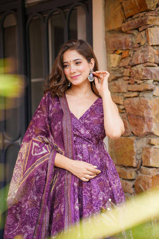 Purple Digital Printed Cotton Anarkali Suit Set with Dupatta & Bottom – Fully Stitched ClothsVilla