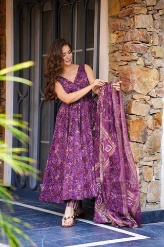 Purple Digital Printed Cotton Anarkali Suit Set with Dupatta & Bottom – Fully Stitched ClothsVilla