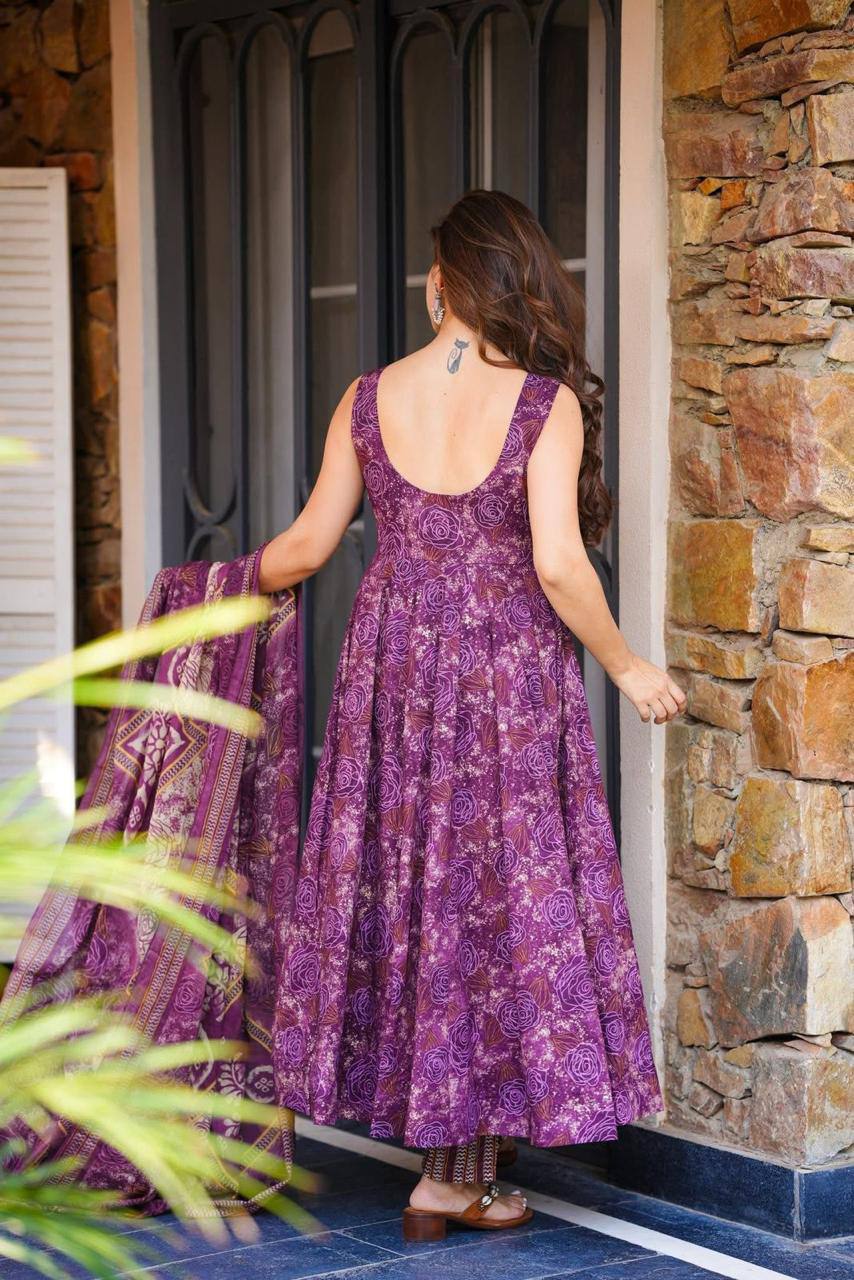 Purple Digital Printed Cotton Anarkali Suit Set with Dupatta & Bottom – Fully Stitched ClothsVilla