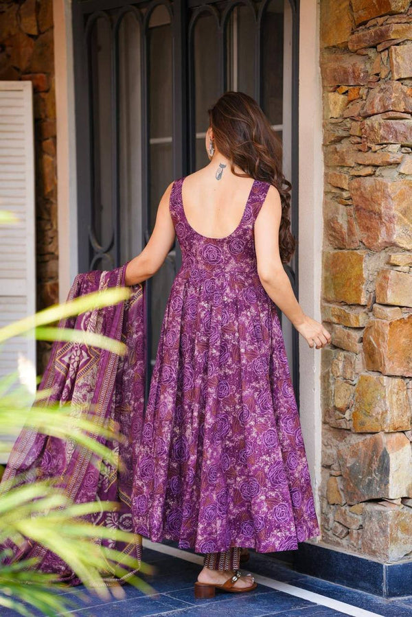 Purple Digital Printed Cotton Anarkali Suit Set with Dupatta & Bottom – Fully Stitched ClothsVilla