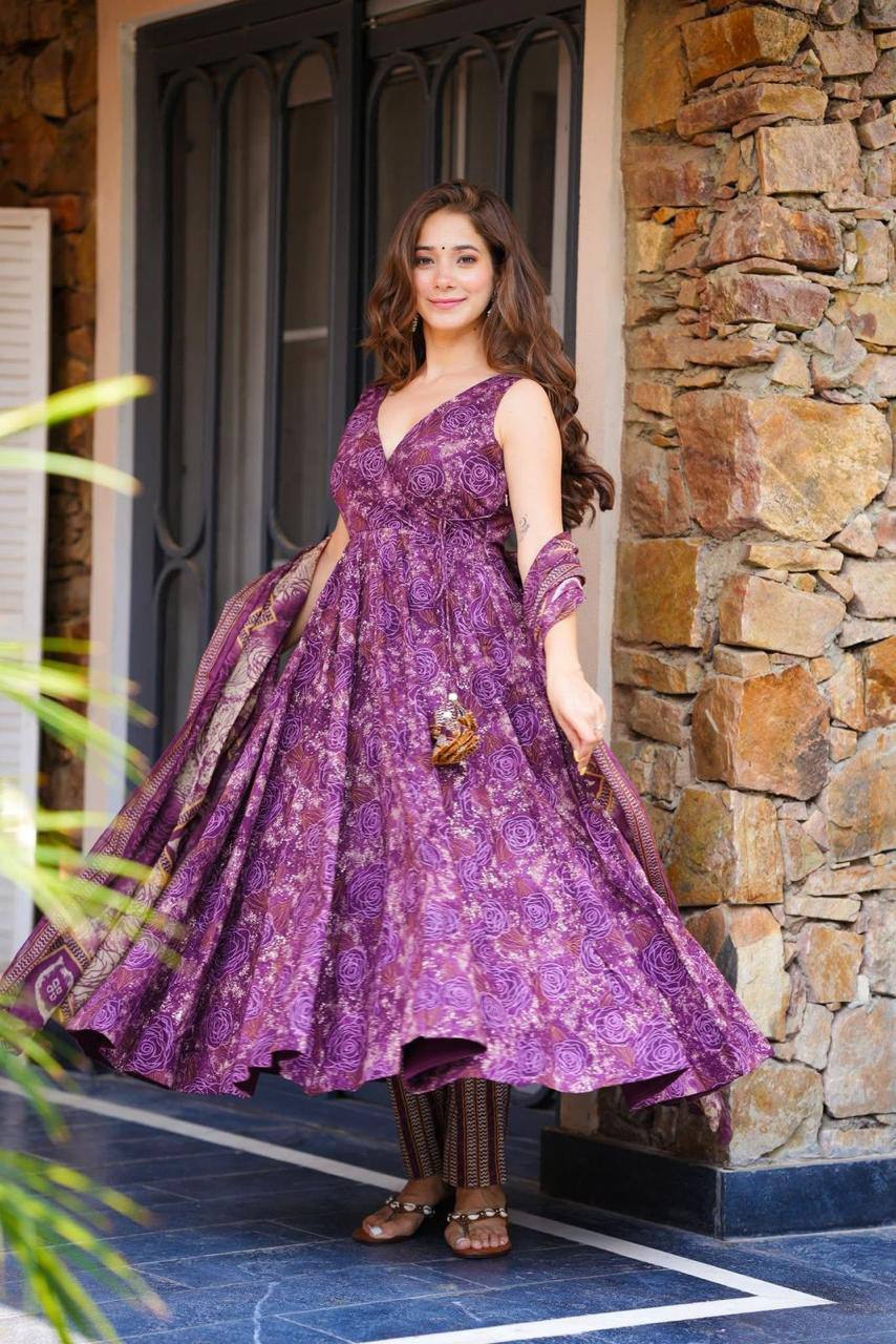 Purple Digital Printed Cotton Anarkali Suit Set with Dupatta & Bottom – Fully Stitched ClothsVilla