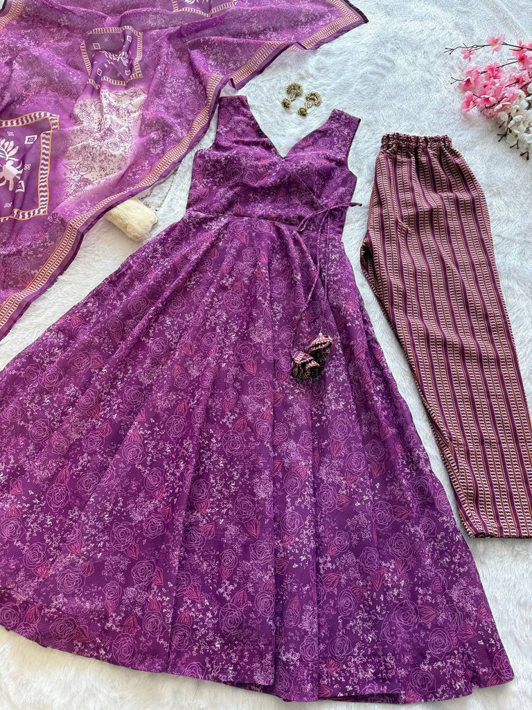 Purple Digital Printed Cotton Anarkali Suit Set with Dupatta & Bottom – Fully Stitched ClothsVilla