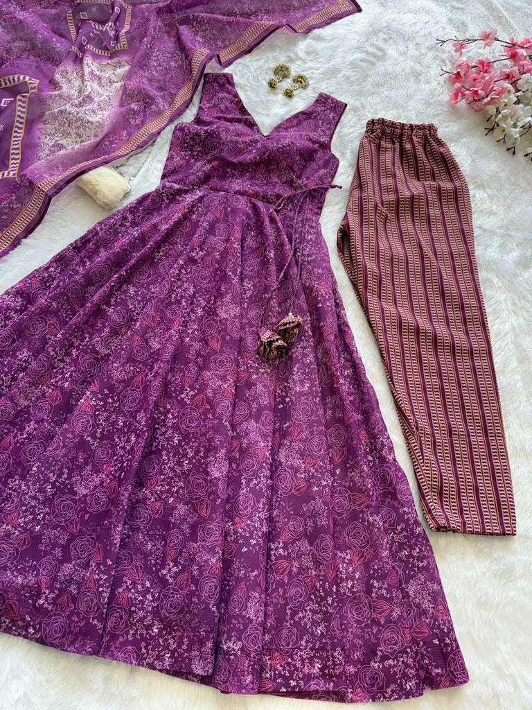 Purple Digital Printed Cotton Anarkali Suit Set with Dupatta & Bottom – Fully Stitched ClothsVilla