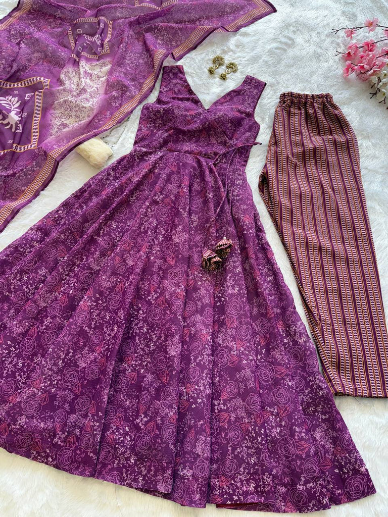 Purple Digital Printed Cotton Anarkali Suit Set with Dupatta & Bottom – Fully Stitched ClothsVilla