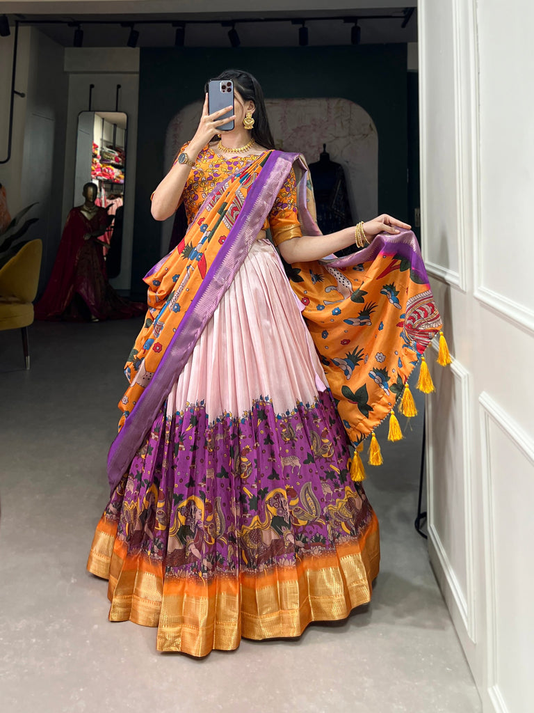 Purple Dola Silk Lehenga Choli with Kalamkari Print & Weaving Border ClothsVilla
