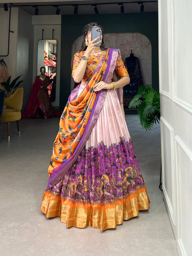 Purple Dola Silk Lehenga Choli with Kalamkari Print & Weaving Border ClothsVilla