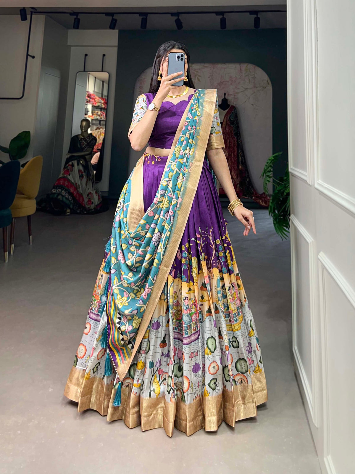 Alluring Purple Dola Silk Lehenga Choli with Enchanting Kalamkari Prints ClothsVilla Main image