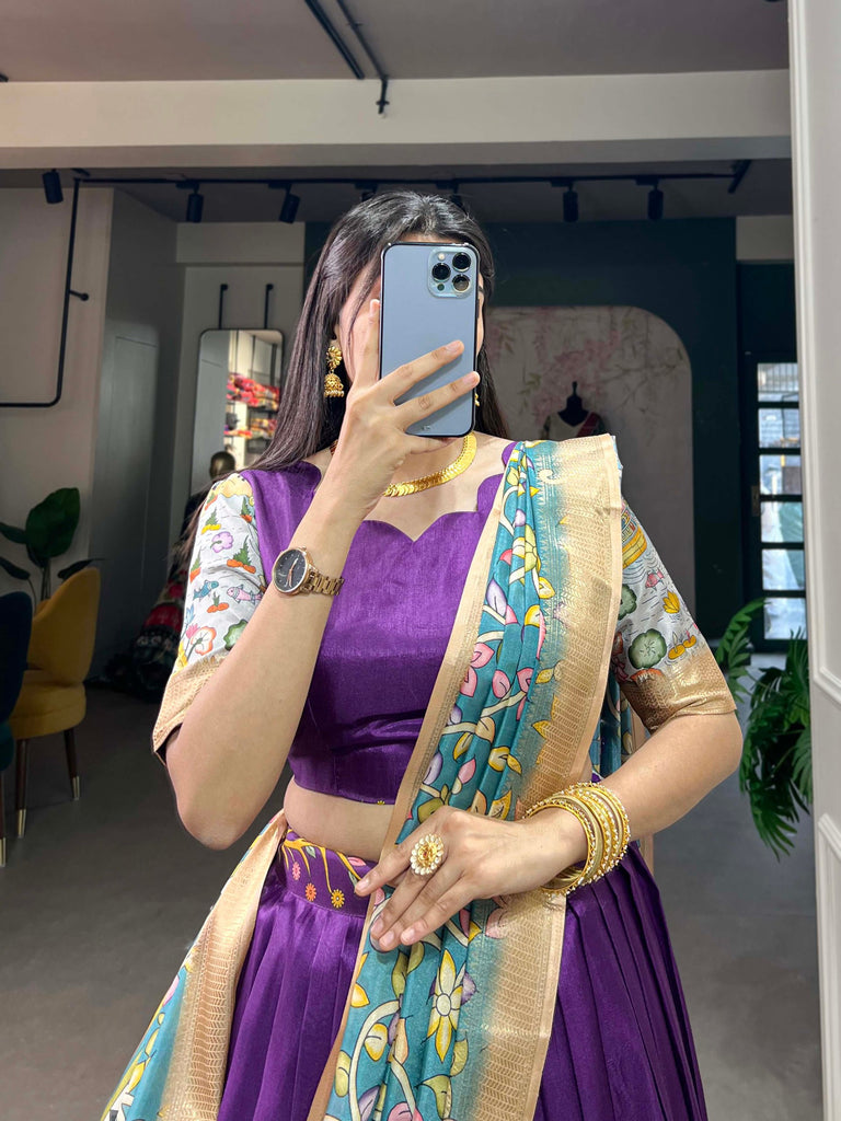 Alluring Purple Dola Silk Lehenga Choli with Enchanting Kalamkari Prints ClothsVilla