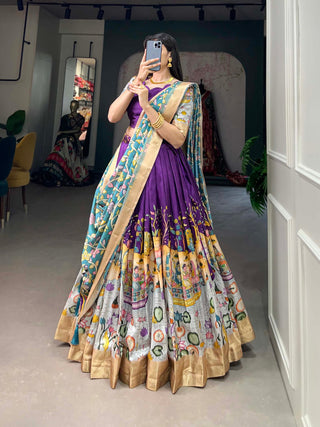 Alluring Purple Dola Silk Lehenga Choli with Enchanting Kalamkari Prints ClothsVilla