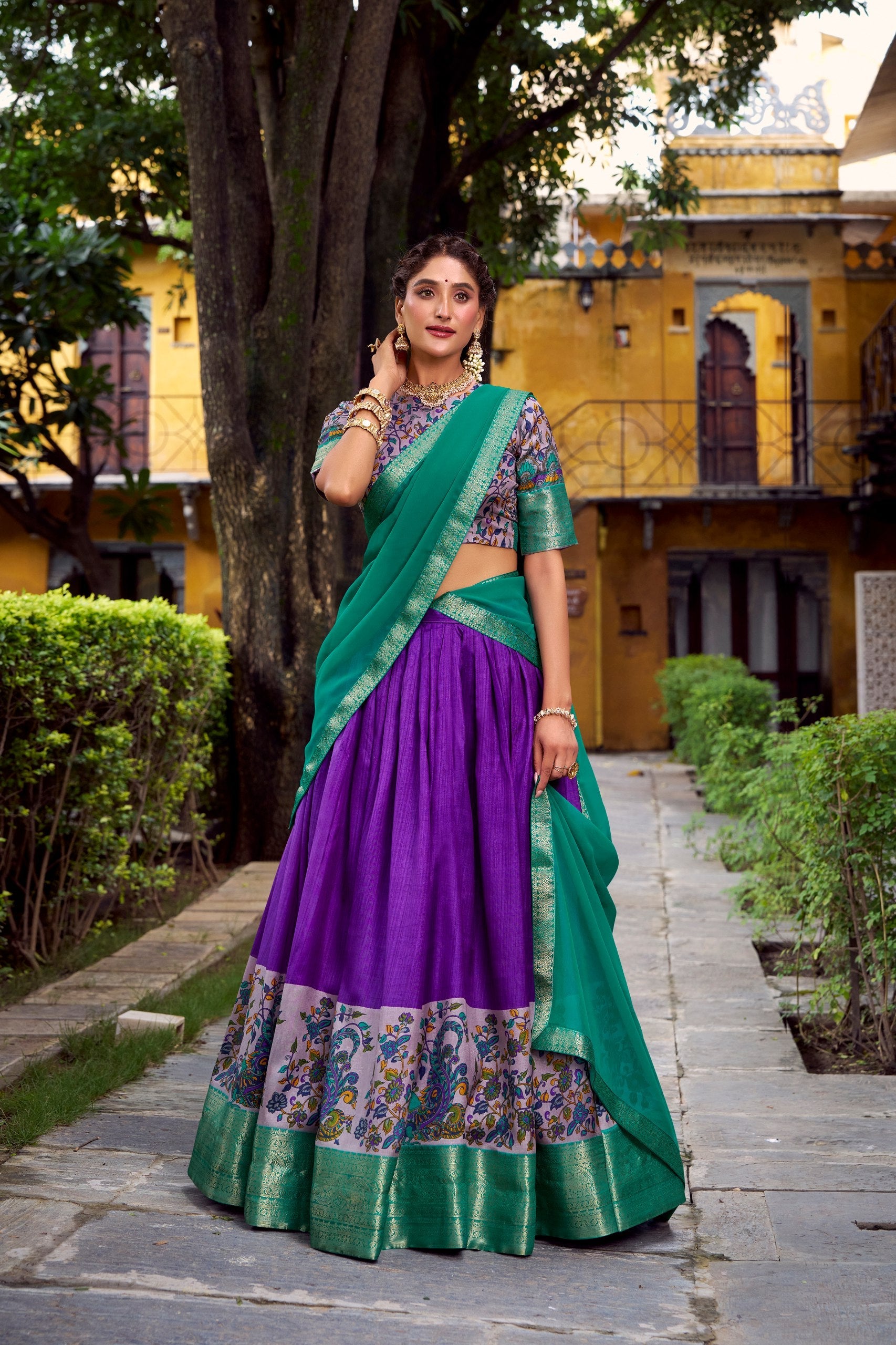 Purple Elegant Aastha Silk Printed Lehenga Choli Set with Zari Weaving and Georgette Dupatta – Stitched Ensemble ClothsVilla Main image