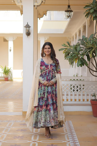 Purple Elegant Alia Cut Gown | Digital Print & Sequins | Readymade Luxury Look ClothsVilla