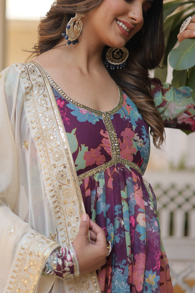 Purple Elegant Alia Cut Gown | Digital Print & Sequins | Readymade Luxury Look ClothsVilla