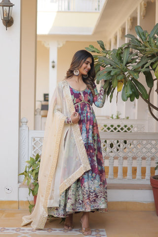 Purple Elegant Alia Cut Gown | Digital Print & Sequins | Readymade Luxury Look ClothsVilla