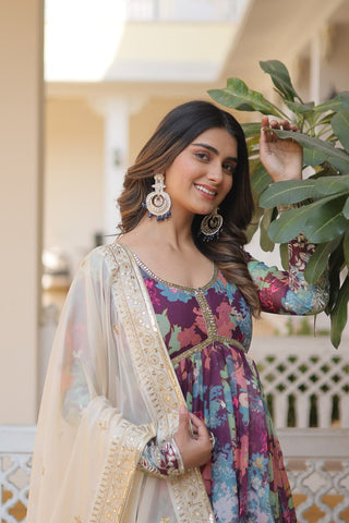 Purple Elegant Alia Cut Gown | Digital Print & Sequins | Readymade Luxury Look ClothsVilla