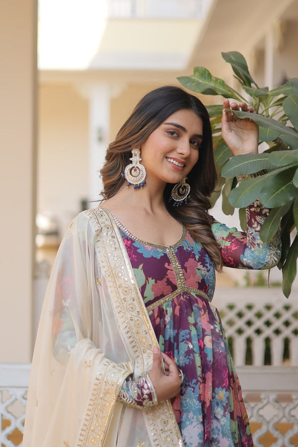 Purple Elegant Alia Cut Gown | Digital Print & Sequins | Readymade Luxury Look ClothsVilla