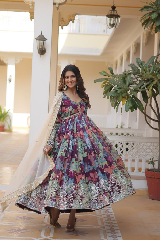 Purple Elegant Alia Cut Gown, Digital Print & Sequins