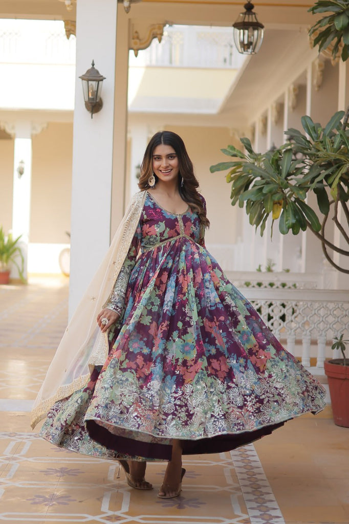 Purple Elegant Alia Cut Gown | Digital Print & Sequins | Readymade Luxury Look ClothsVilla