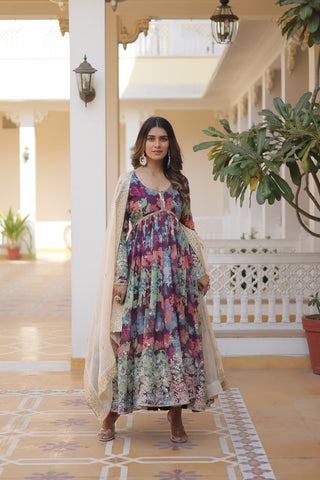 Purple Elegant Alia Cut Gown | Digital Print & Sequins | Readymade Luxury Look ClothsVilla
