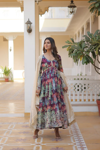 Purple Elegant Alia Cut Gown | Digital Print & Sequins | Readymade Luxury Look ClothsVilla