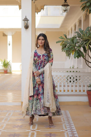 Purple Elegant Alia Cut Gown | Digital Print & Sequins | Readymade Luxury Look ClothsVilla