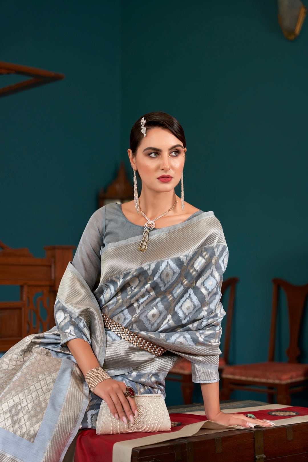Gray Elegant Banarasi Saree with Geometric Zari Weaving ClothsVilla
